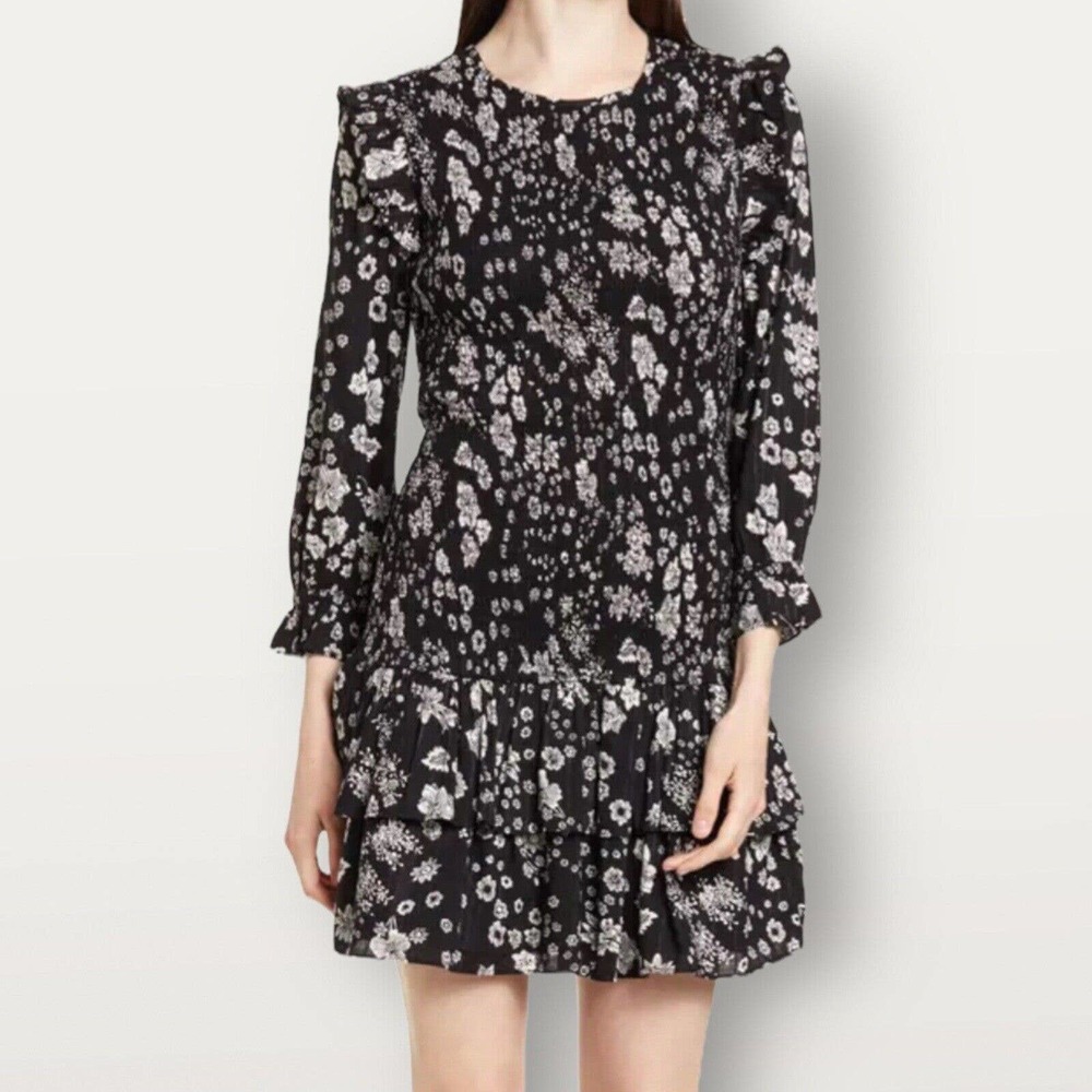 Walter Baker Dress Smocked Black and White Floral Marisol 3/4 Sleeves XL